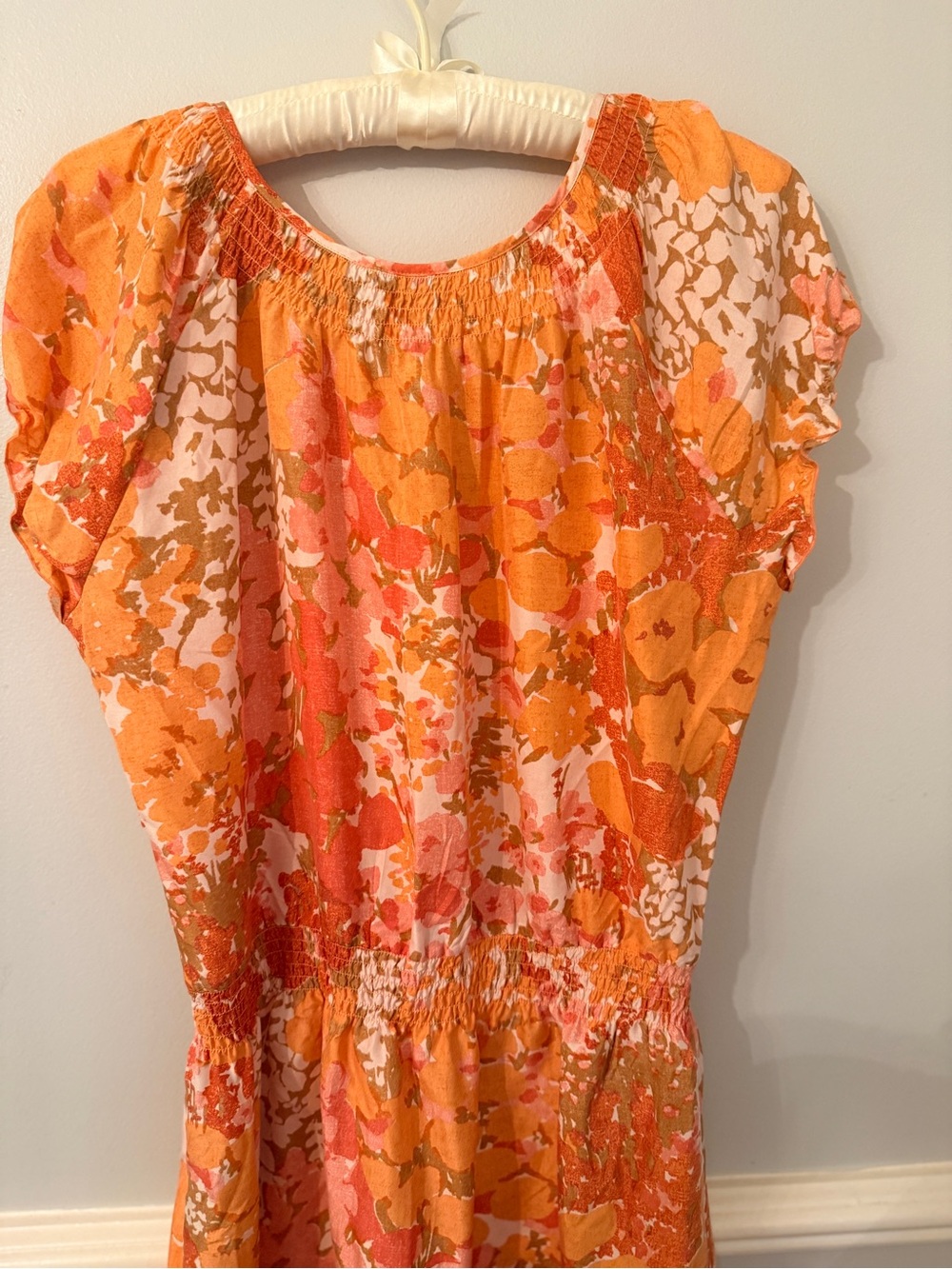 Talbots Silk Floral Dress Orange Pink Smocked Waist Cap Sleeve L - Picture 8 of 10